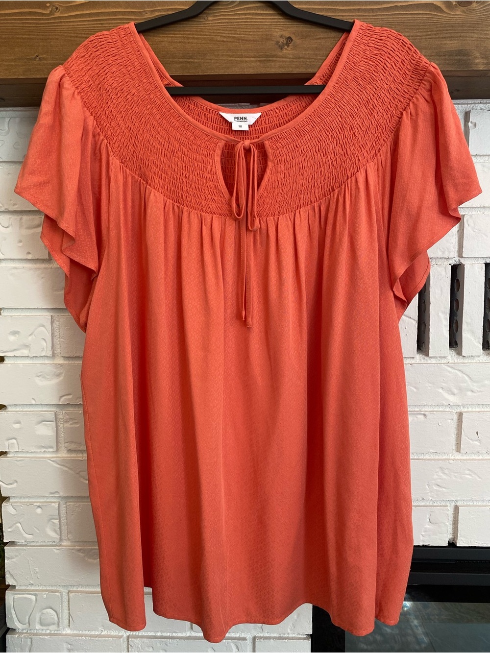 PENN. Coral Smocked Flutter Sleeve Blouse Plus Size 1X Summer